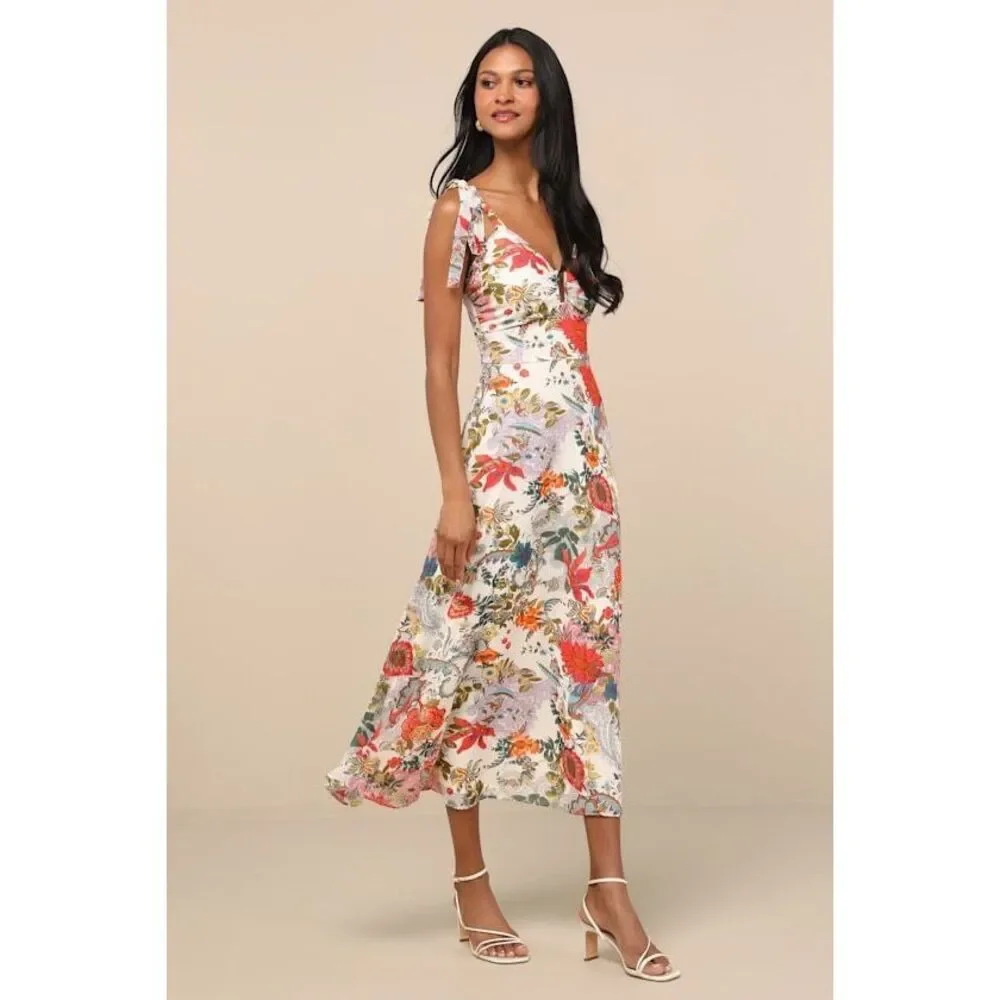 Lulus Simply Blissful Ivory Multi Floral Tie-strap A-line Midi Dress White - Picture 1 of 9